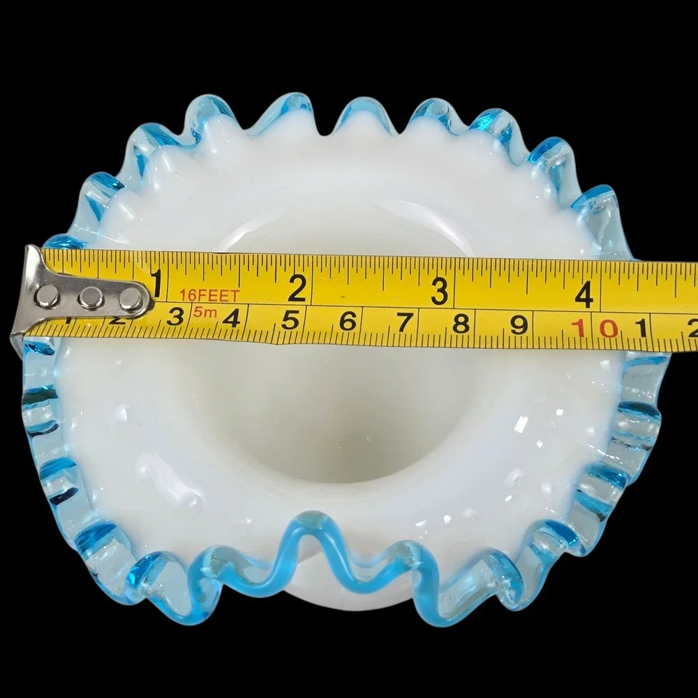 Vintage Fenton Milk Glass Ruffled Fan Edge Aqua Blue Crest Bud Vase MINT COND